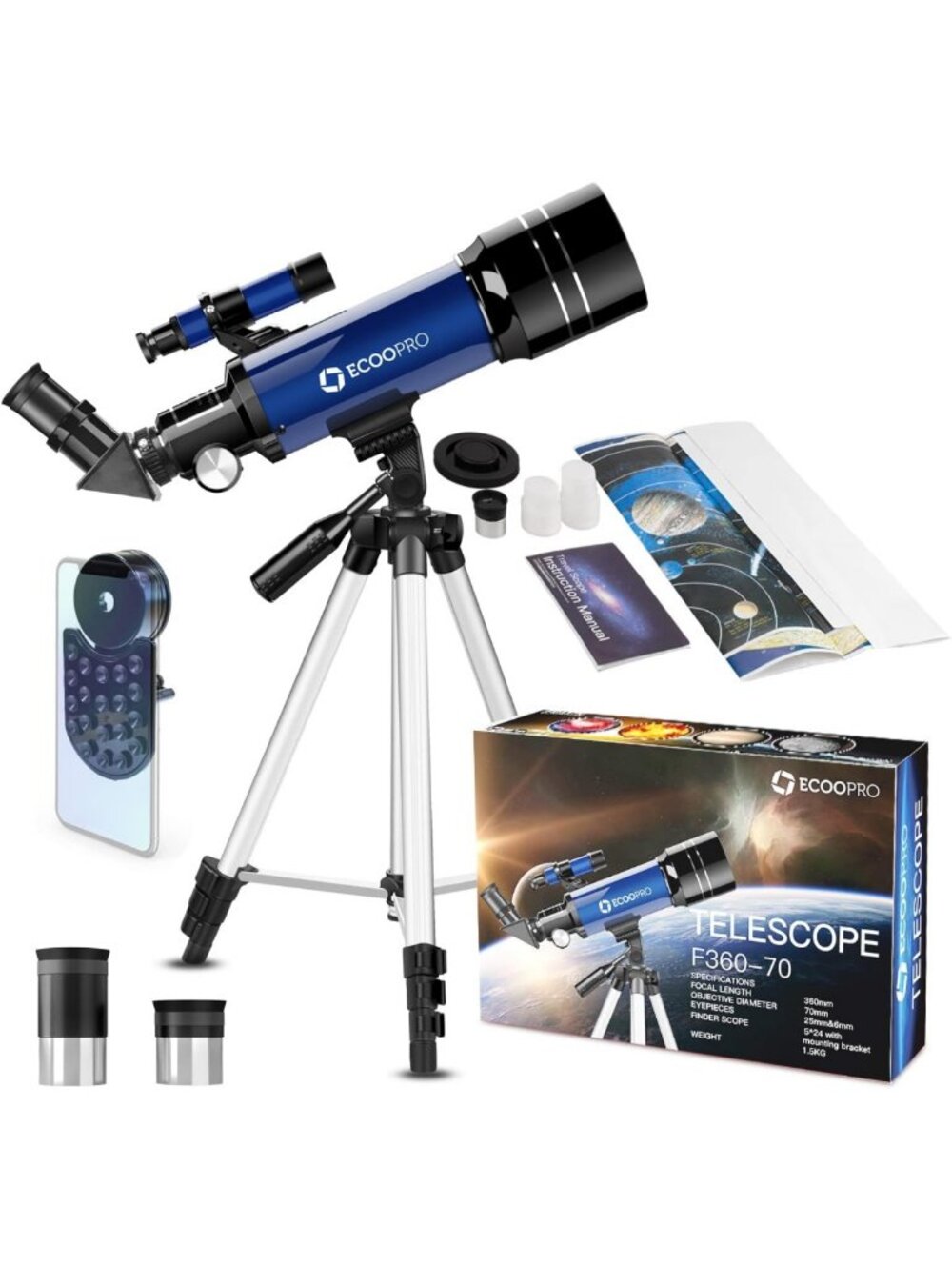 70mm Aperture Refractor Telescope for Kids & Adults - 15X to 150X Zoom